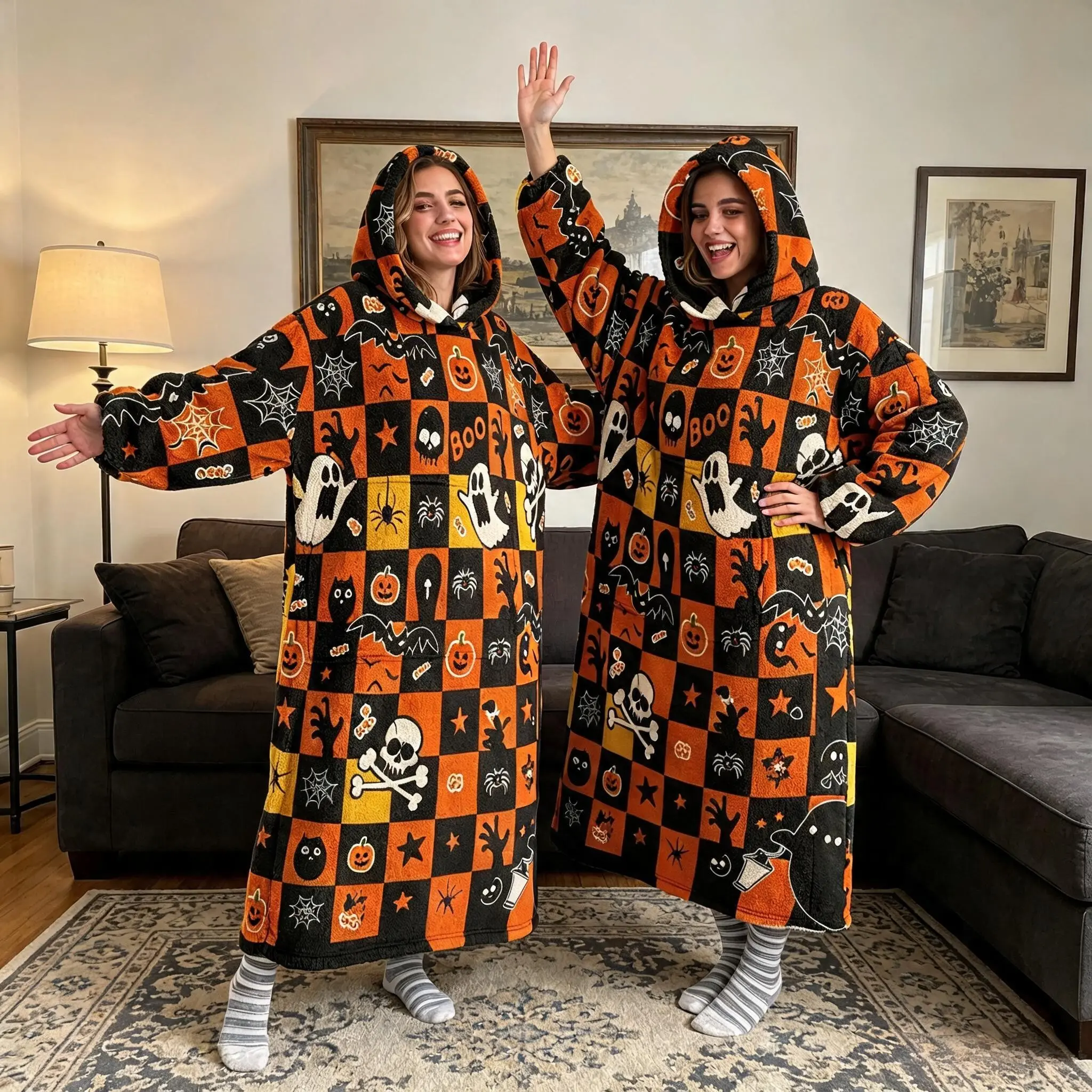 1pc Flannel Hooded Wearable Blanket, Pumpkin Print, Thick Lazy Blanket, Soft and Cozy, Halloween Gift, Couple Style