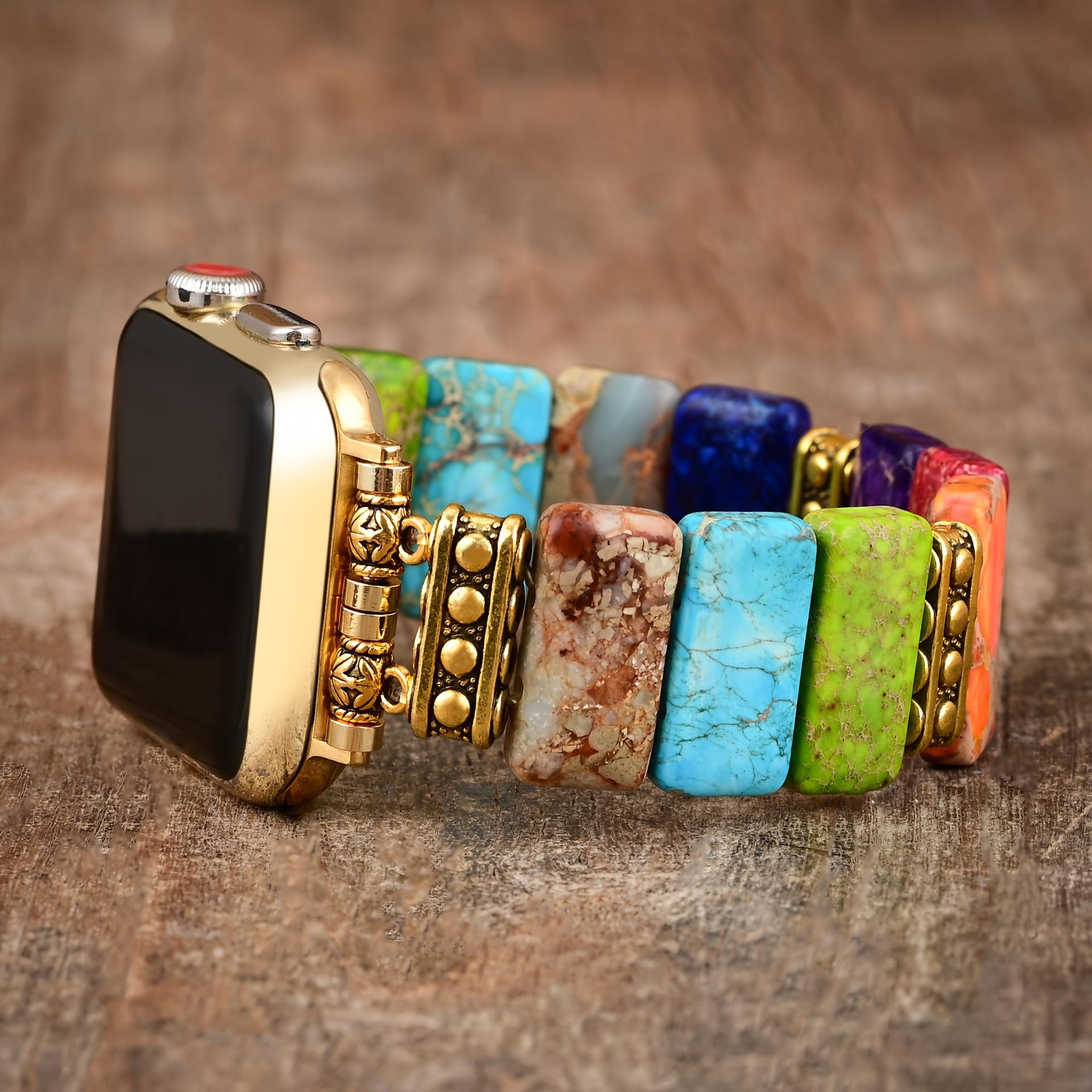 Colorful Natural Stone Beaded Apple Watch Band, Handmade Elastic Stretch Strap Compatible with iWatch Series 9/8/7/6/5/4/3/2/1 38mm-49mm, Cute Feminine Watch Band for Women