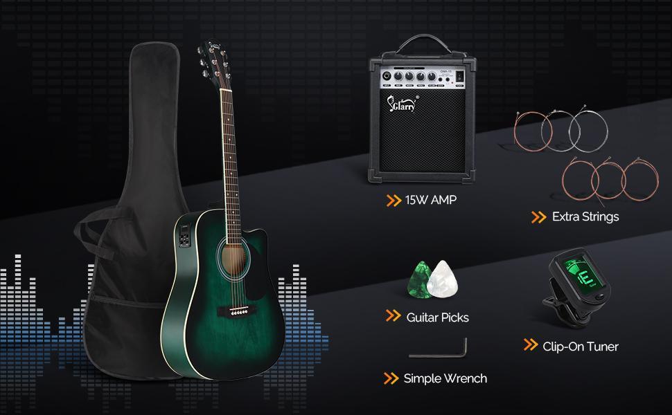 Ktaxon Glarry Full Size 6 Strings Acoustic Electric Guitar Beginner Kit w/ 15W Amp, Cutaway 41 Inch Electric Acoustic Guitar w/Inbuilt Tuner, Bag, Strap, Picks, Strings, Basswood Guitarra, Distressed Green