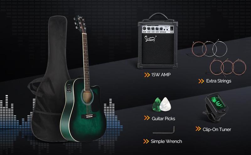 Ktaxon Glarry Full Size 6 Strings Acoustic Electric Guitar Beginner Kit w/ 15W Amp, Cutaway 41 Inch Electric Acoustic Guitar w/Inbuilt Tuner, Bag, Strap, Picks, Strings, Basswood Guitarra, Distressed Green