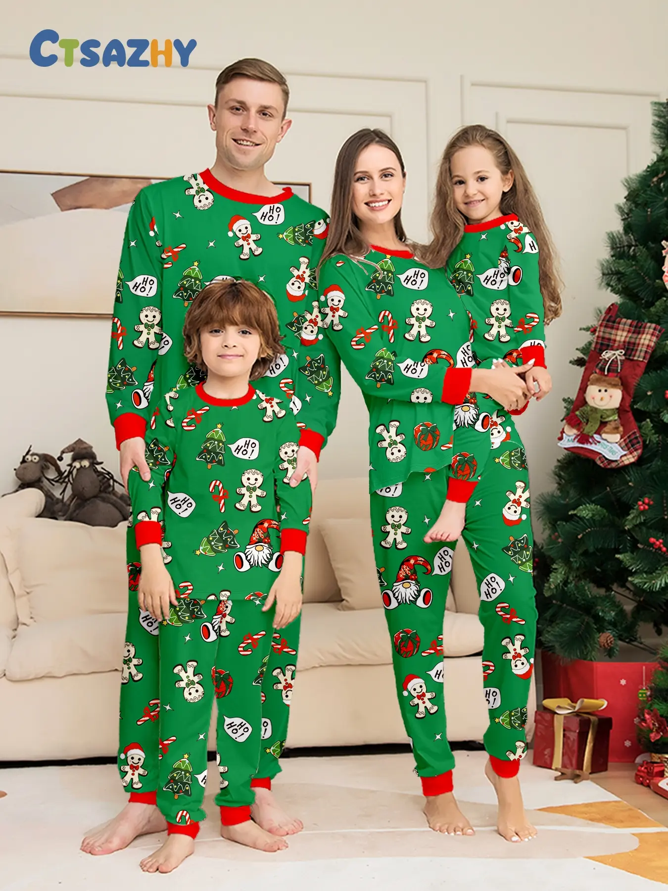 Classic American Christmas Gingerbread Man Pajama Set, Soft High Elastic Full Print, Long Sleeve + Trim Pants, Family Holiday