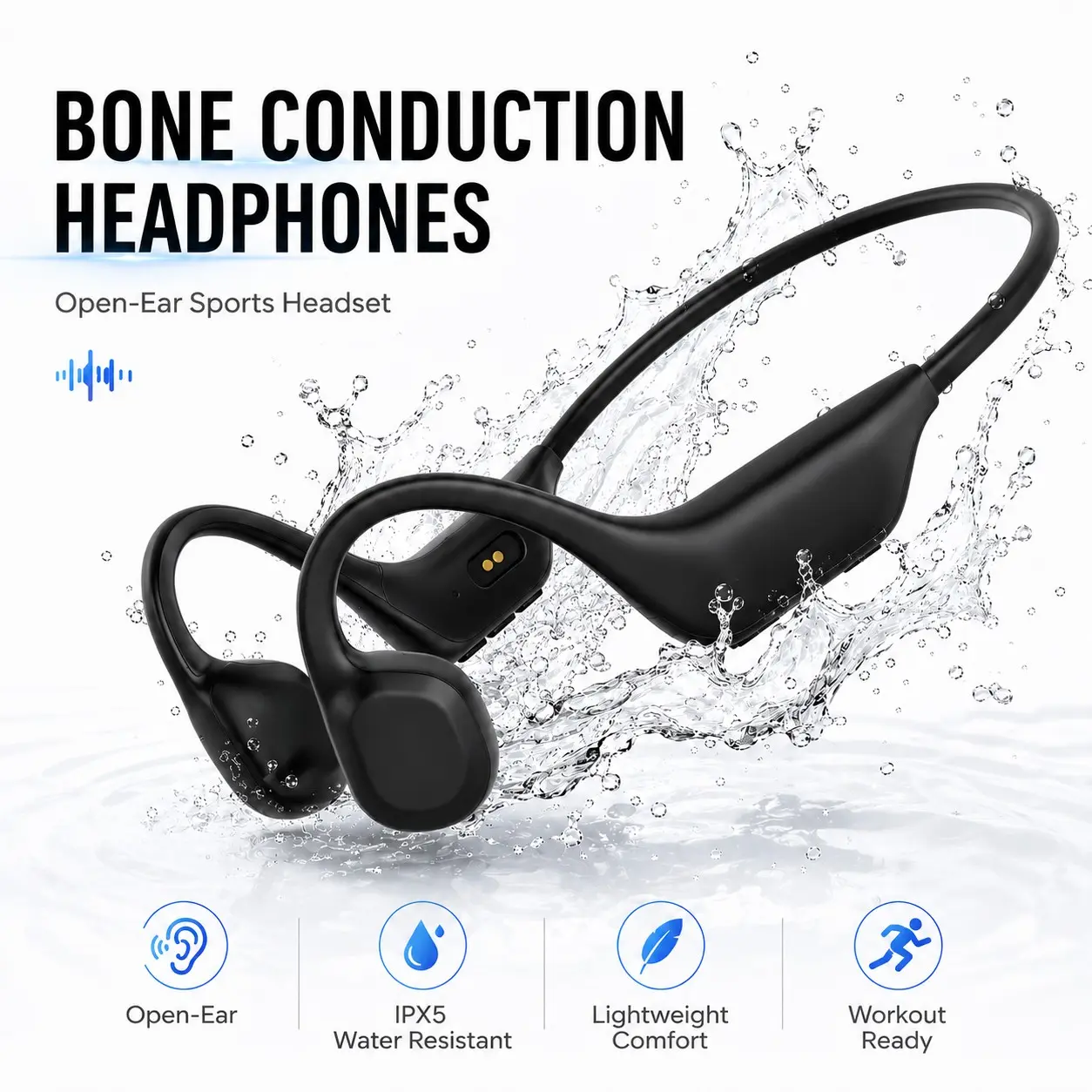 Bone Conduction Headphones, Open-Ear Bluetooth Sports Headset with Secure Fit, IPX5 Water-Resistant, Hands-Free Calls for Running, Cycling & Workouts