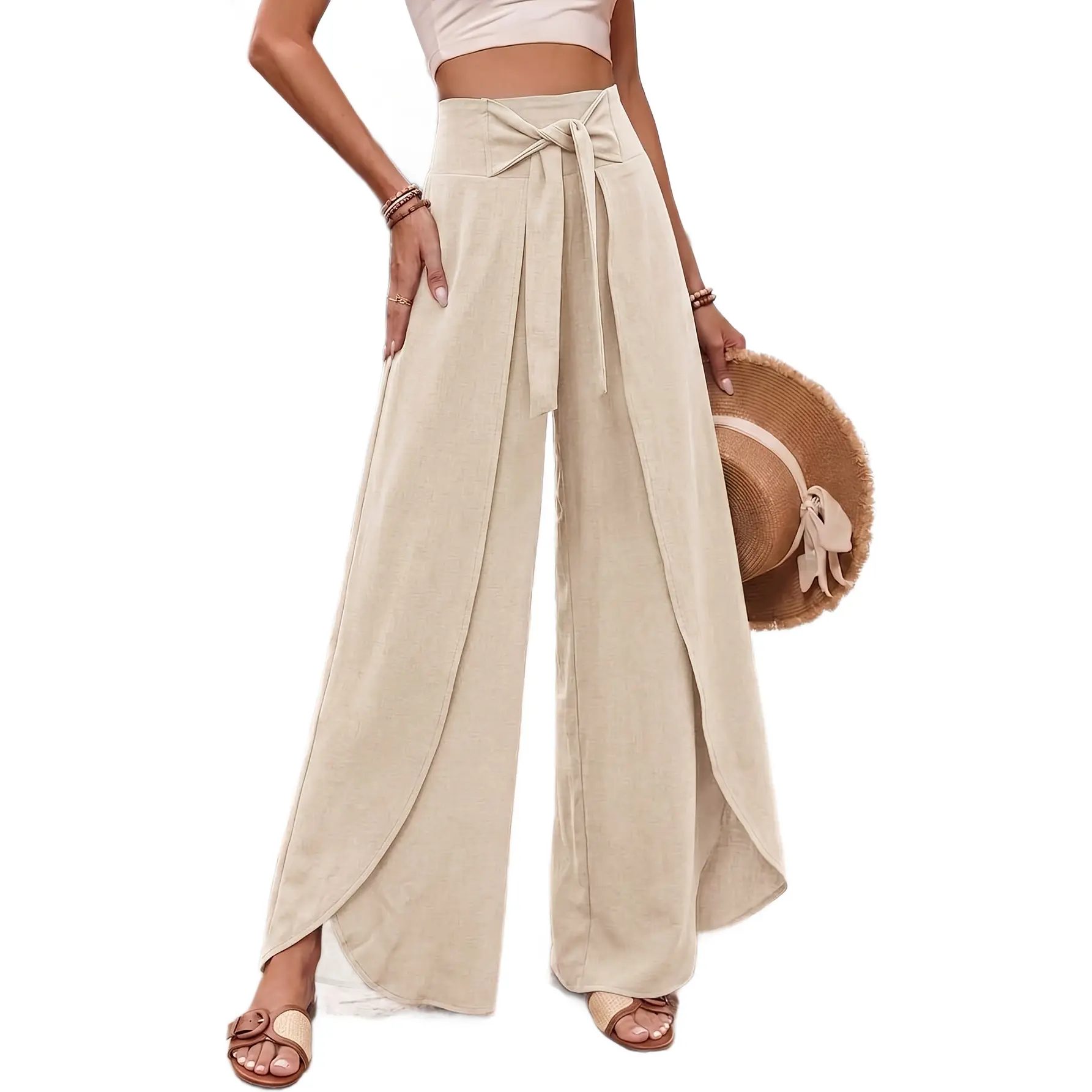 Women’s High-Waisted Tie-Waist Wide-Leg Pants, Flowy Wrap-Overlay Palazzo Trousers, Solid Casual Resort Bottoms for Beach Vacation, Cruise, Travel, Brunch and Summer Outfits
