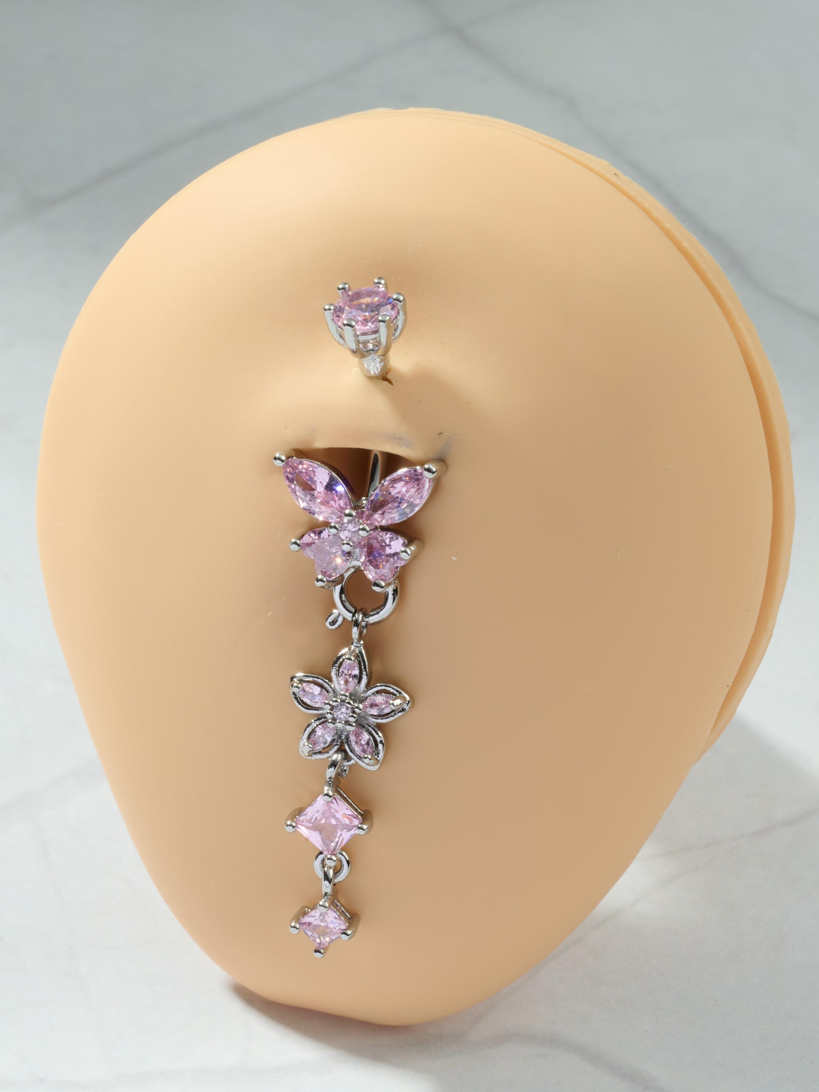 Detachable Flower Dangle Belly Button Ring Cute Butterfly Removable Belly Rings Stainteel Steel Navel Piercing Jewelry For Women, 10mm Silver Pink Purple Blue Belly Button Piercing Body Piercing 14Gauge