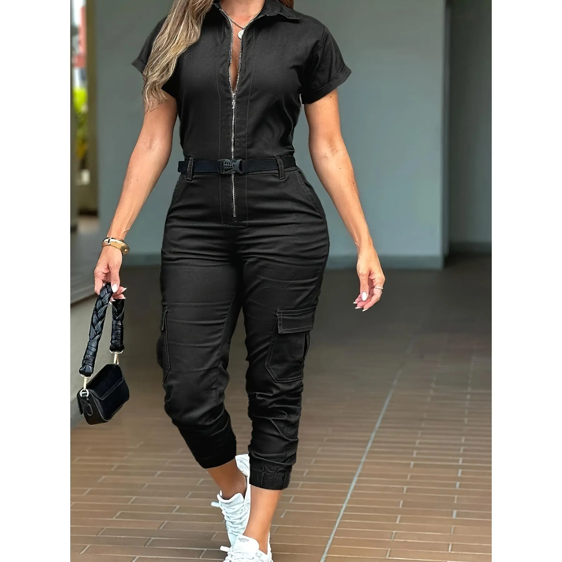 Women's Chic Cargo Romper, Elegant Shortsleeve Zip-Up Playsuit with Lapel Collar, Solid Color Slim Cut Polyester Elastane Fabric for Travel