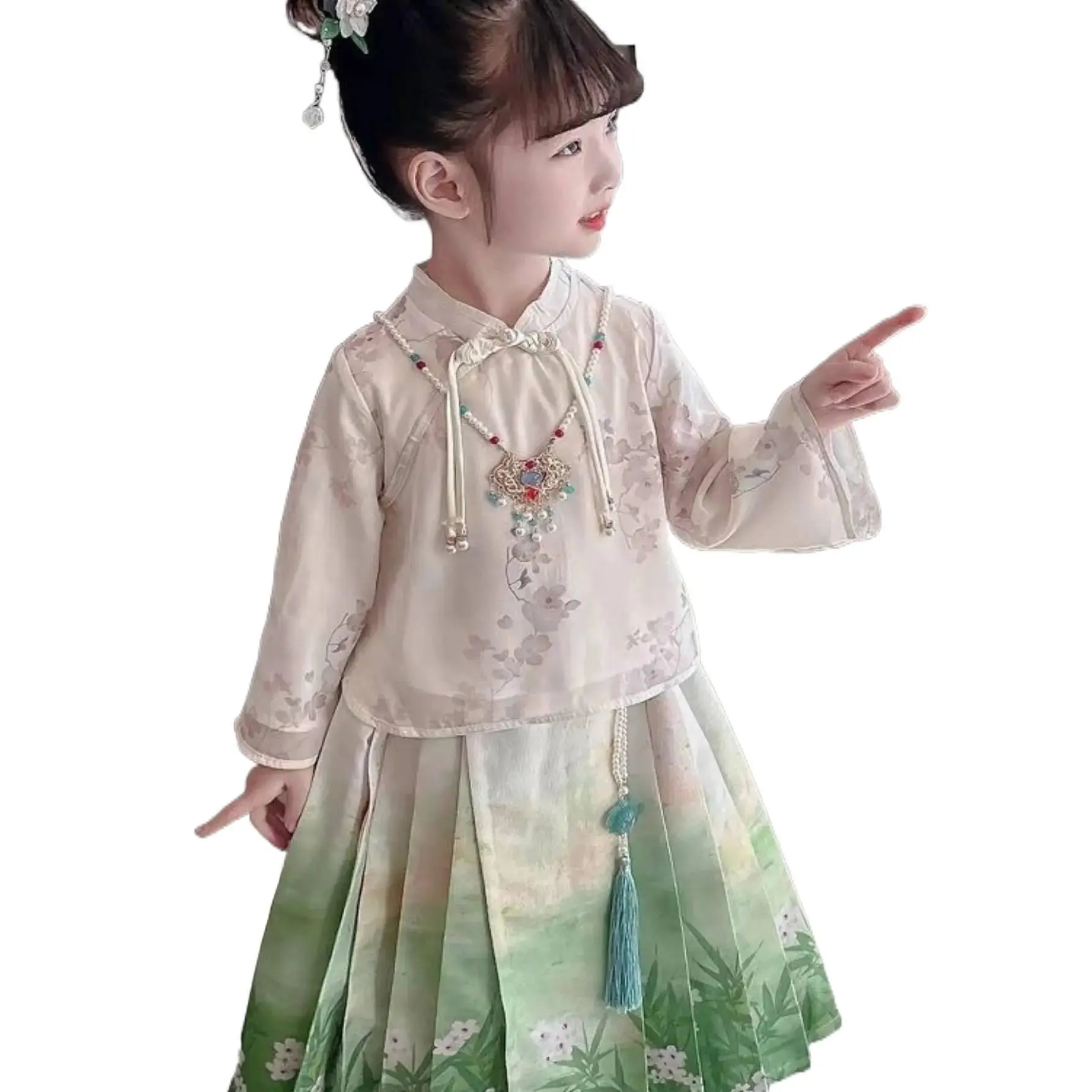 Girls' retro Chinese-style Hanfu two-piece set with a Chinese stand-up collar, long-sleeved plant-print top paired with a gradient pleated skirt, made of breathable polyester, suitable traditional performances