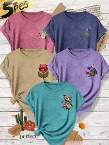 Five-Piece Women's Round Neck T-Shirts, Floral Print, Soft Fabric, Casual Style, Spring Summer Fashion