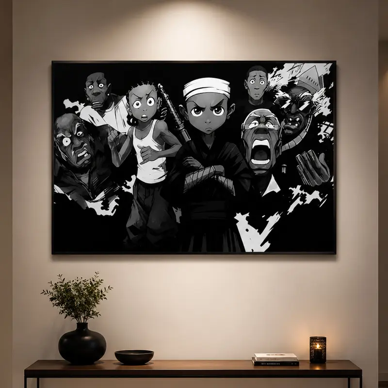 Boondocks Black Cartoon Framed Canvas Wall Art, 2D Flat Graphic Print for Living Room & Bedroom Decor, Anime Wall Art, Black Culture Decor, Manga Poster, Urban Room Decor, Gift for Anime Fans