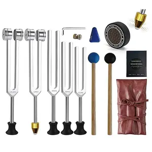 Healing Tuning Fork Set (5 Frequencies, 128hz-512hz) with Crystal Base, Activator, Leather Case, Ideal for Sound Therapy, Yoga