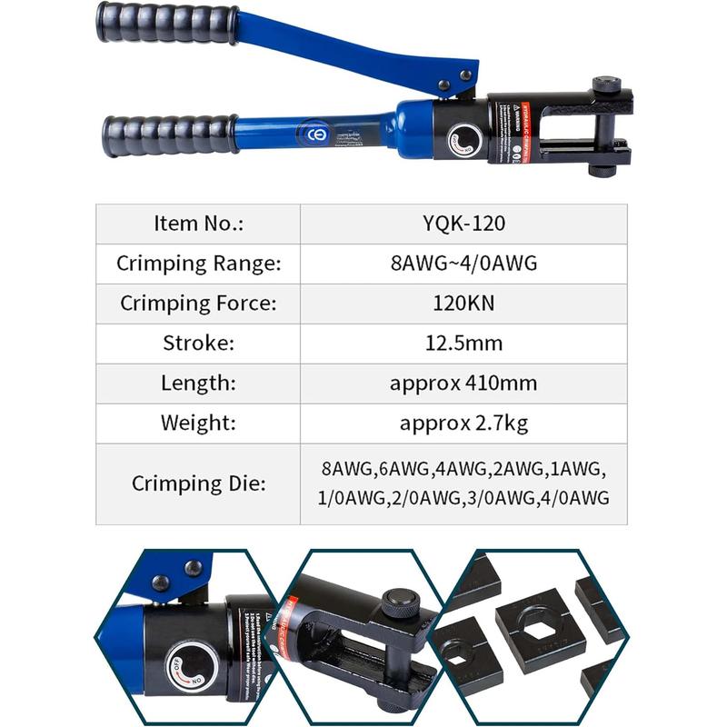 12 Ton Hydraulic Crimping Tool with 9 Standard  Dies, Crimps 8AWG to 4/0 AWG, Hardened Steel Construction with Oxidized Surface for Durability(Standard  8AWG to 4/0AWG)