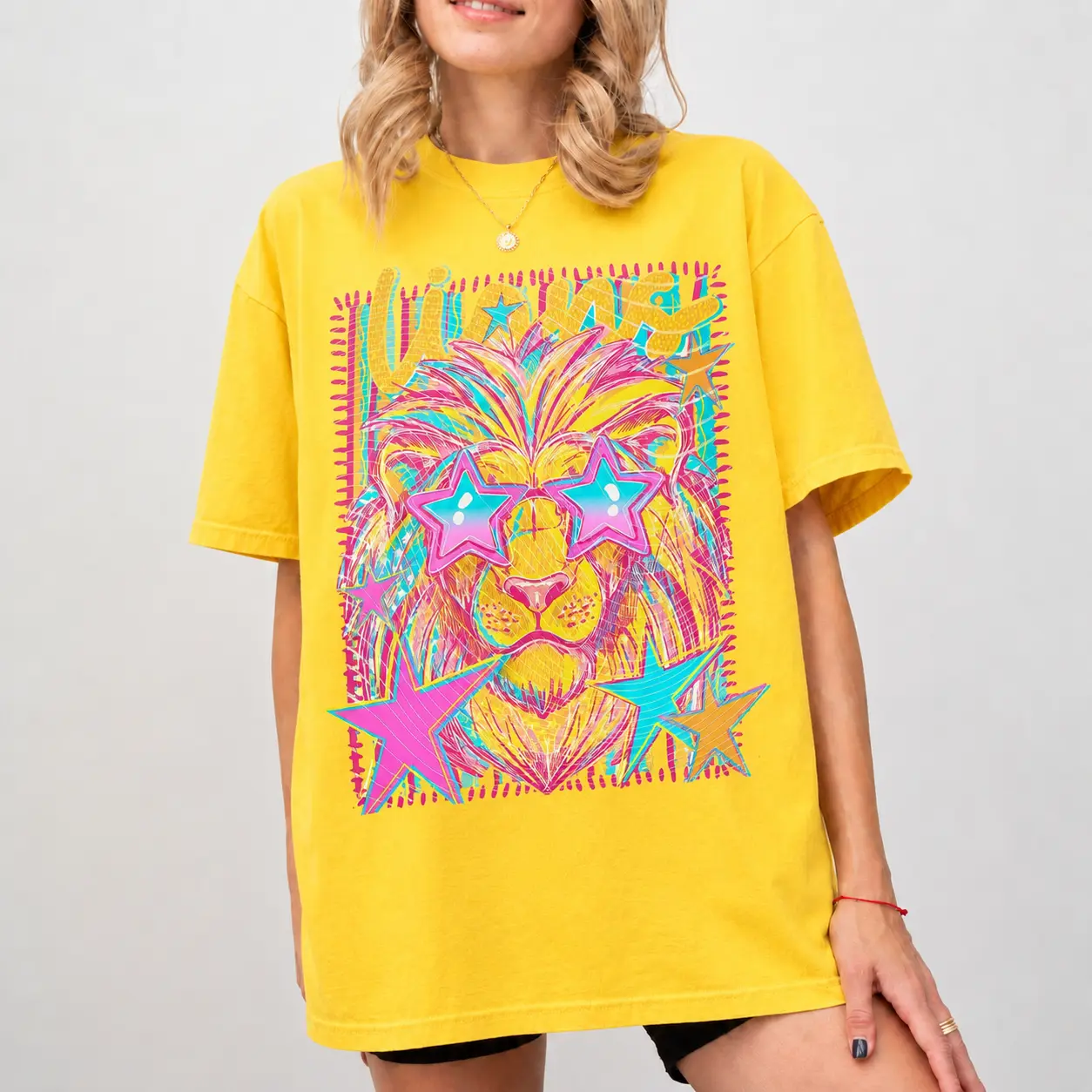 Pink Bright Framed Star Eyes Lions Mascots T-shirt, Neon Graphic Digital Print T-shirt, Funny Meme Sweatshirt, Colorful Teachers & Students T-Shirt, School Gift Tee, Summer Vibes Tee, Womens Oversized T-shirt, Vintage Casual Crew Neck Top