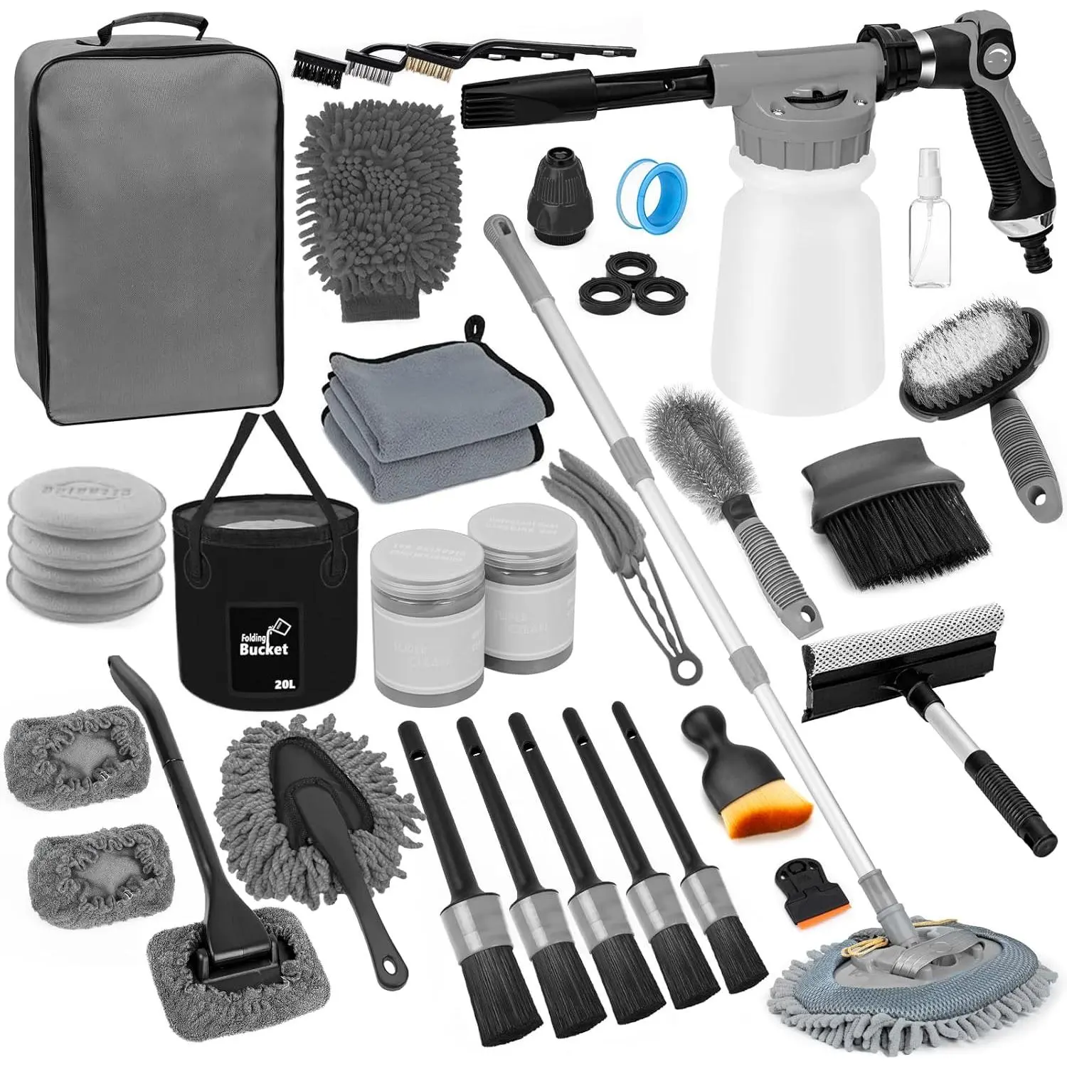 Car Wash Detailing Kit with Foam Gun, Car Cleaning Kit Set,Car Wash Brush with Long Handle, Large Folding Bucket for Interior Exterior Car Wash Supplies, Car Gift Set Gray
