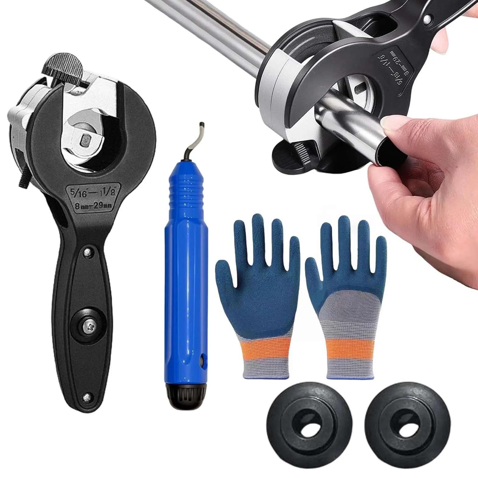 Ratchet Pipe Cutter, 5/16"-1-1/8" Compact Two-In-One Pipe Cutter, Pipe Cutting Tool, Ideal for Narrow Spaces, PVC/cu Copper Pipe Cutter, Ratcheting Pipe Cutter, Includes Gloves and Deburring Knife