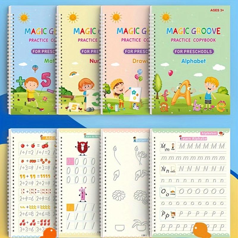 4 Reusable Preschool handwriting practice books, practice notebook set 4 books+1 pen+10 pen cores+1 pen grip, Learning Tools Alphabet Drawing
