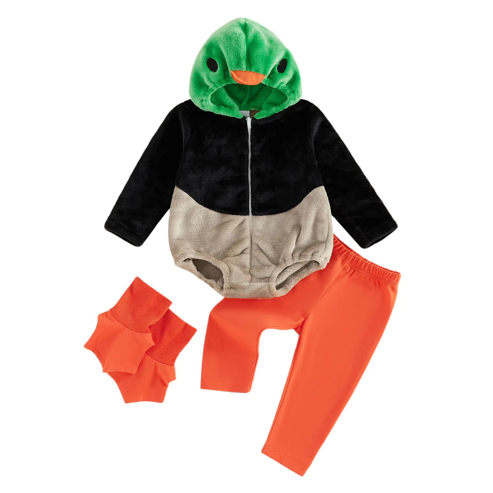 Meihuida Infant Baby Boy Mallard Duck Halloween Cosplay Costume Fleece Hooded Long Sleeve Romper Bodysuit with Pants and Leg Warmers Clothes 0-3 Years