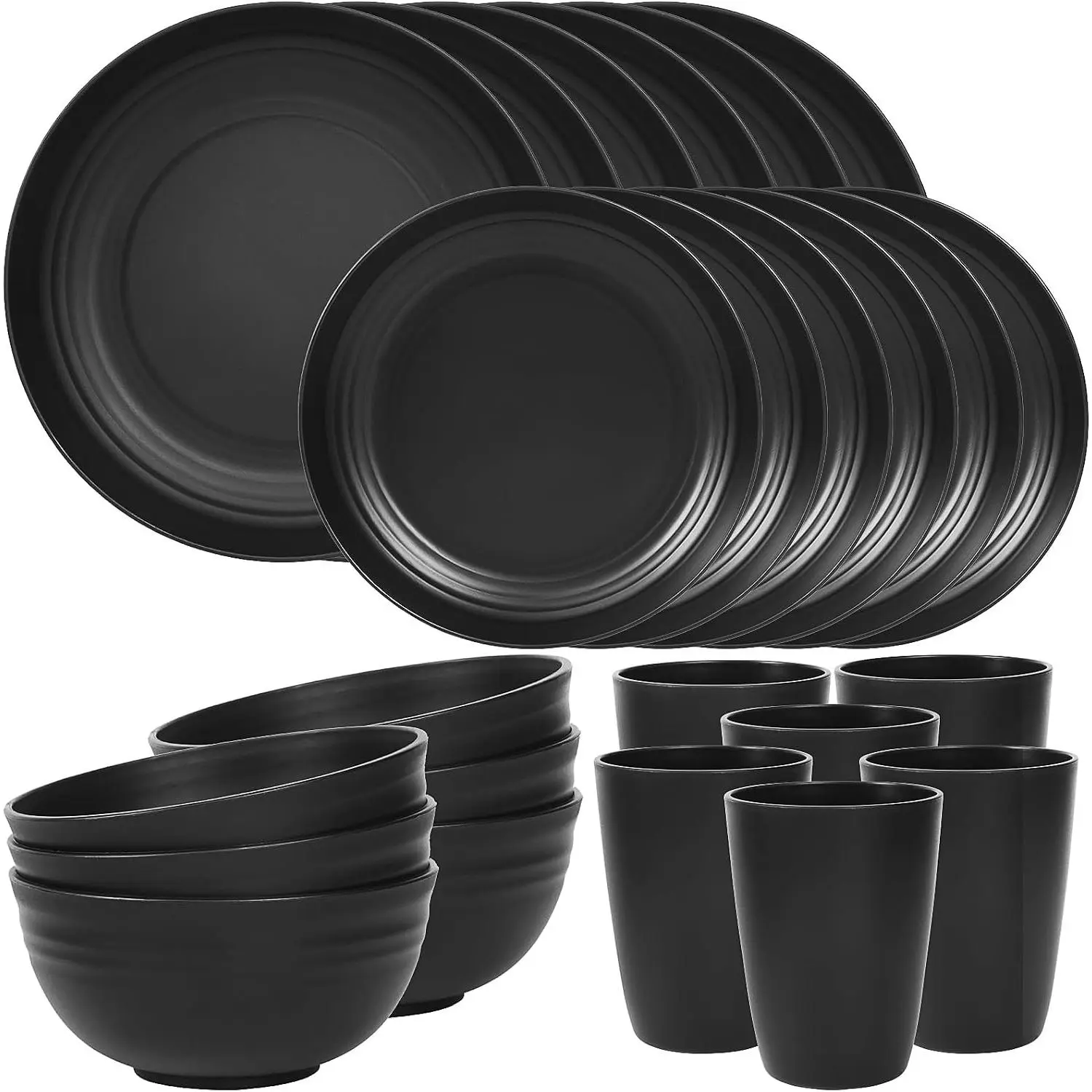 24-Piece Unbreakable Plates and Bowls Dinnerware Set for 6, Dishwasher & Microwave Safe, Camping Outdoor RV Apartment Dorm Kitchen Essentials, Black