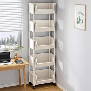  Multifunctional Rolling Storage Cart with Wheels, Multi-Layer Shelf Organizer with Adjustable Dividers for Kitchen Bedroom Bathroom, Beige,Free Pulley & Hooks