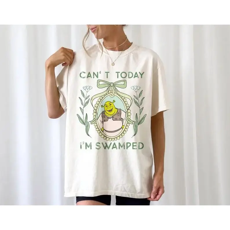 Lady's Cute Short-Sleeve Sports Top, Casual Coquette Shrek Floral "Can't Today I'm Swamped" Meme Graphic T-Shirt, Fitted Round Neck