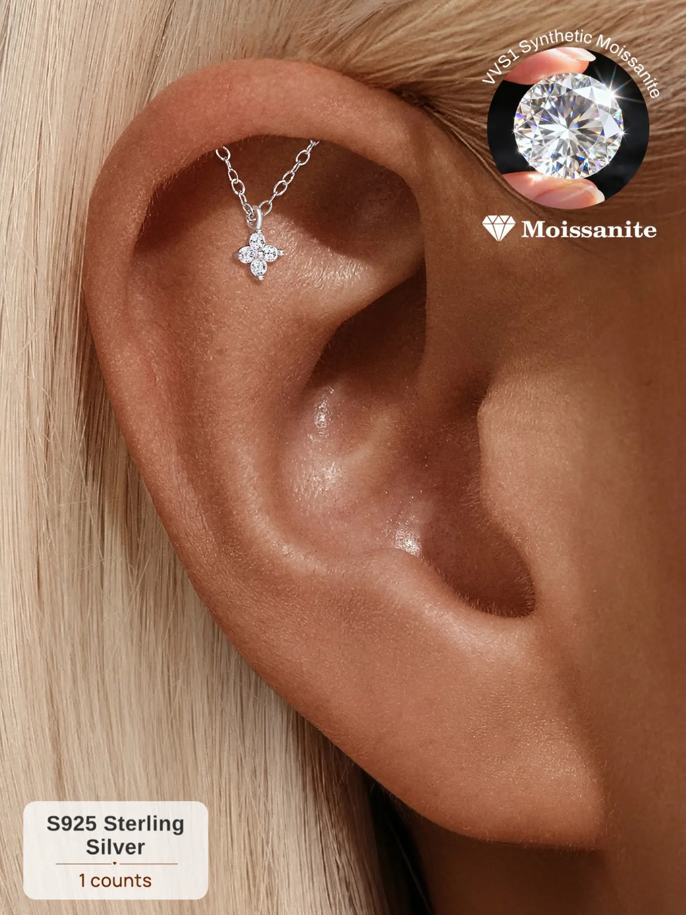 Single Piece 18K Gold Plated S925 Sterling Silver D Color VVS1 Moissanite Clover Tassel Chain Threaded Flat Back Cartilage Earring, Clover Earrings, Hypoallergenic for Sensitive Ears Helix Conch Tragus Piercing Dainty Jewelry for Gift for Her