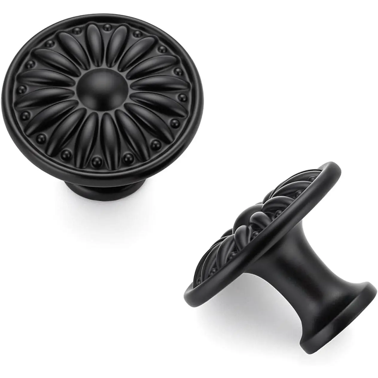 Matte Black Cabinet Knobs Rosette Drawer Knobs 1-1/4 Inch 10 Pack | Sunburst Drawer Knob Shape, Solid Metal Pull Feel, For Kitchen Cabinets, Bathroom Vanities, Dressers, Furniture Updates
