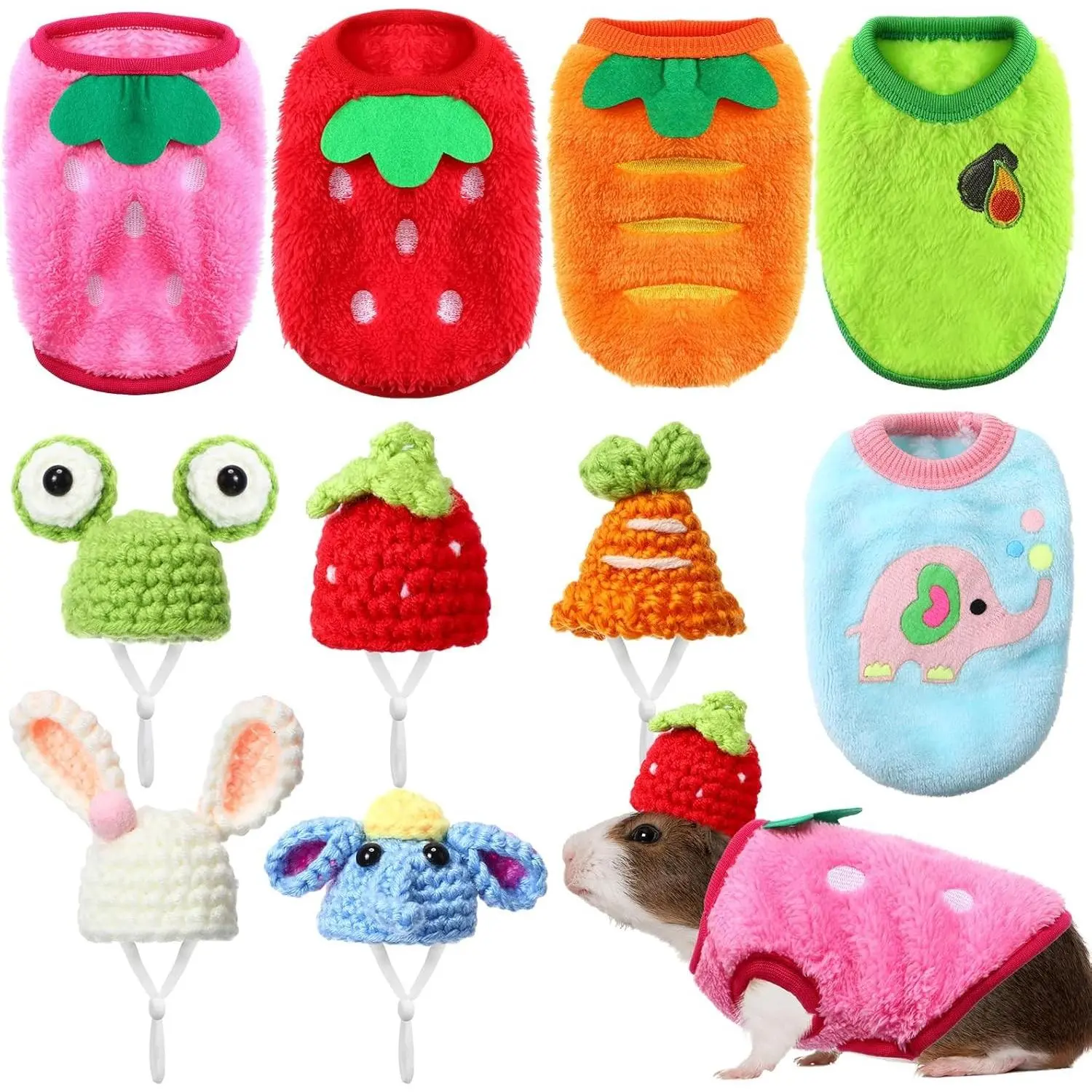 10 Pcs Small Animal Clothes Set, 5 Guinea Pig Costume Outfits 5 Mini Hand Knitted Hats with Adjustable Strap, Cozy Warm Vest Sweater for Hamster Bunny, Fresh Style