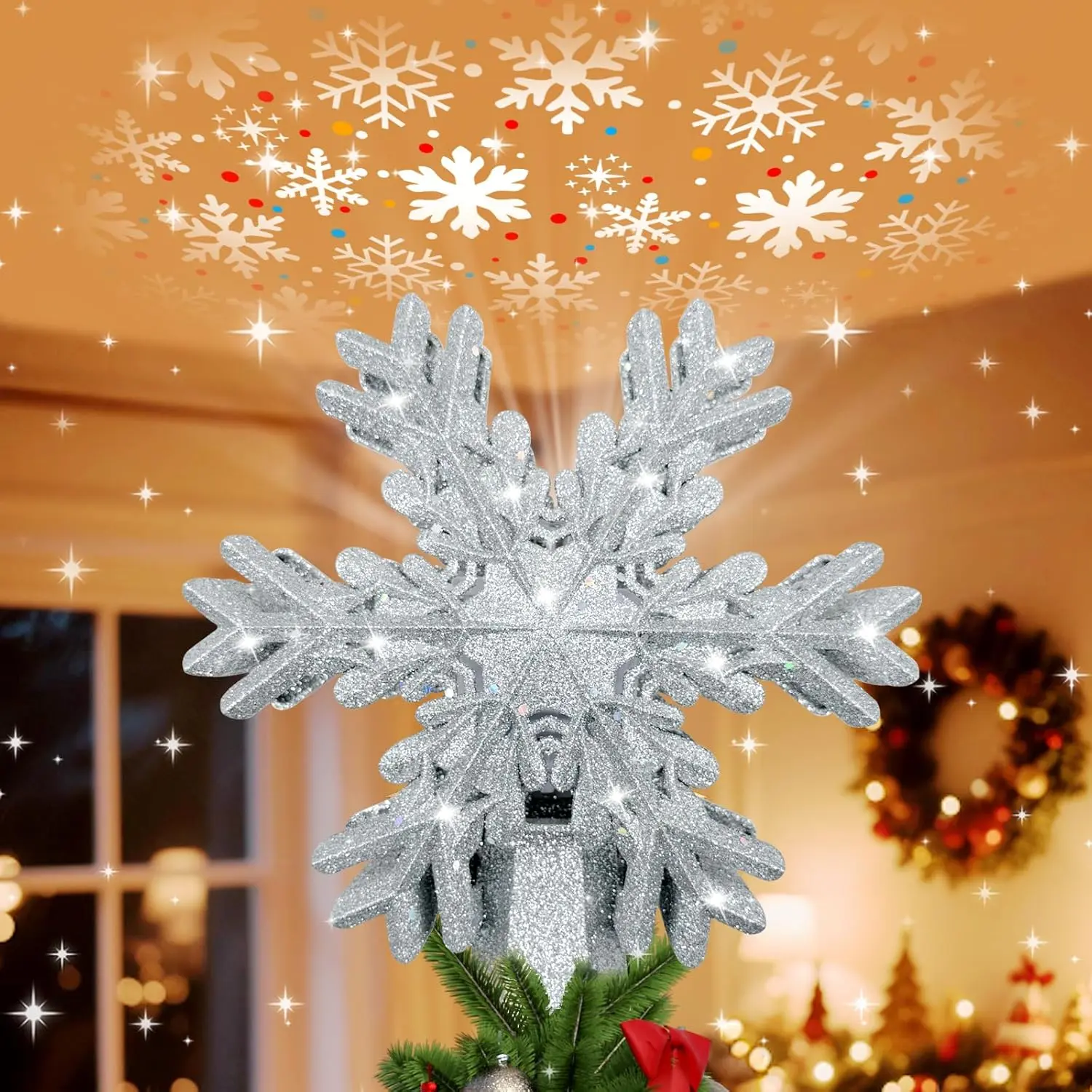 Lighted Christmas Tree Topper with Snowflake Projector LED Rotating 3D Glitter Snowflake Hollow Design Silver for Home Office Indoor Christmas Tree Decor