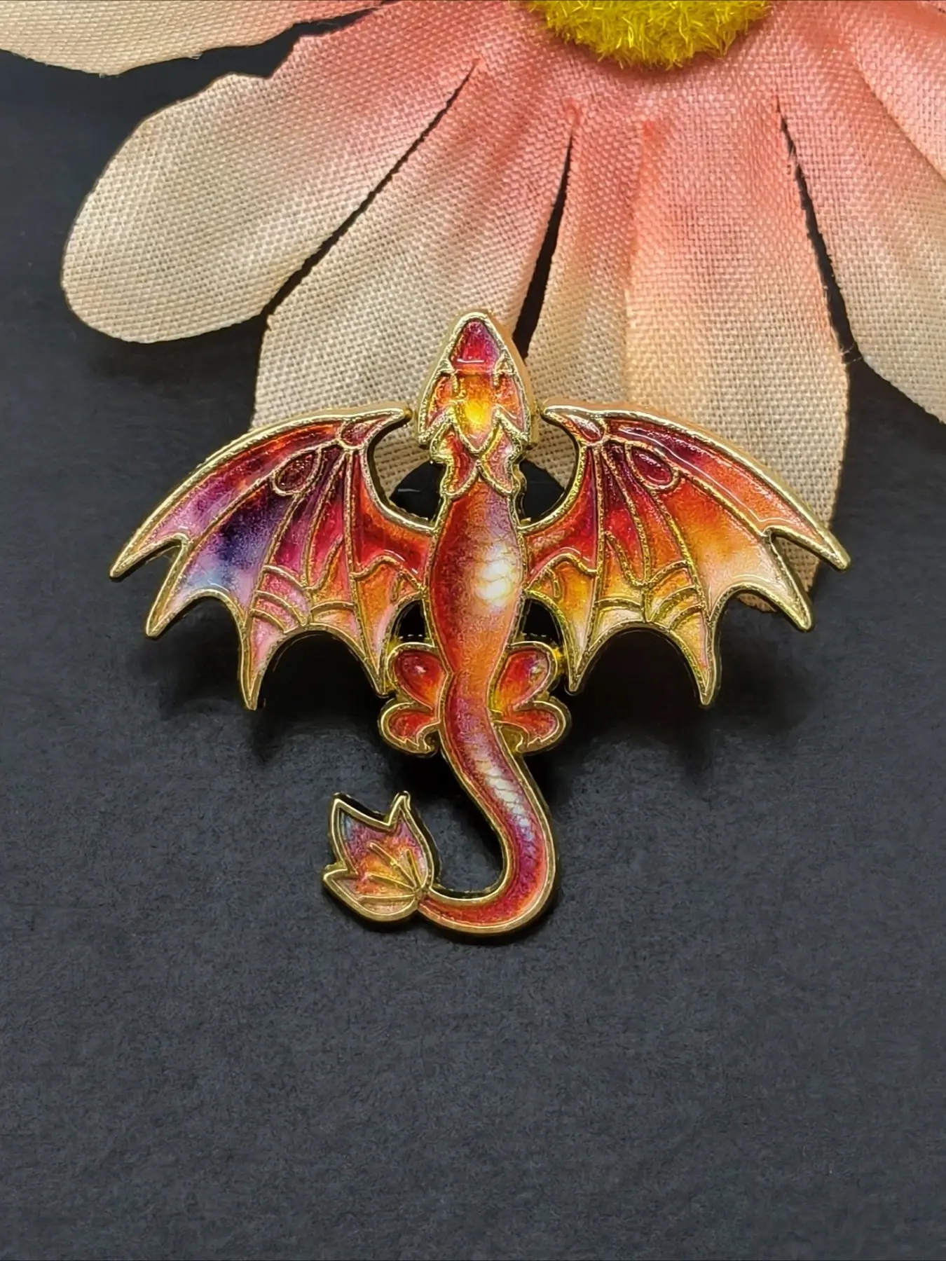 Orange Dragon Enamel Pin, Fantasy Winged Dragon Brooch with Gold Trim, Magical Mythical Creature Lapel Pin Badge for Backpack Jacket, Whimsical Fairycore Aesthetic Jewelry Gift