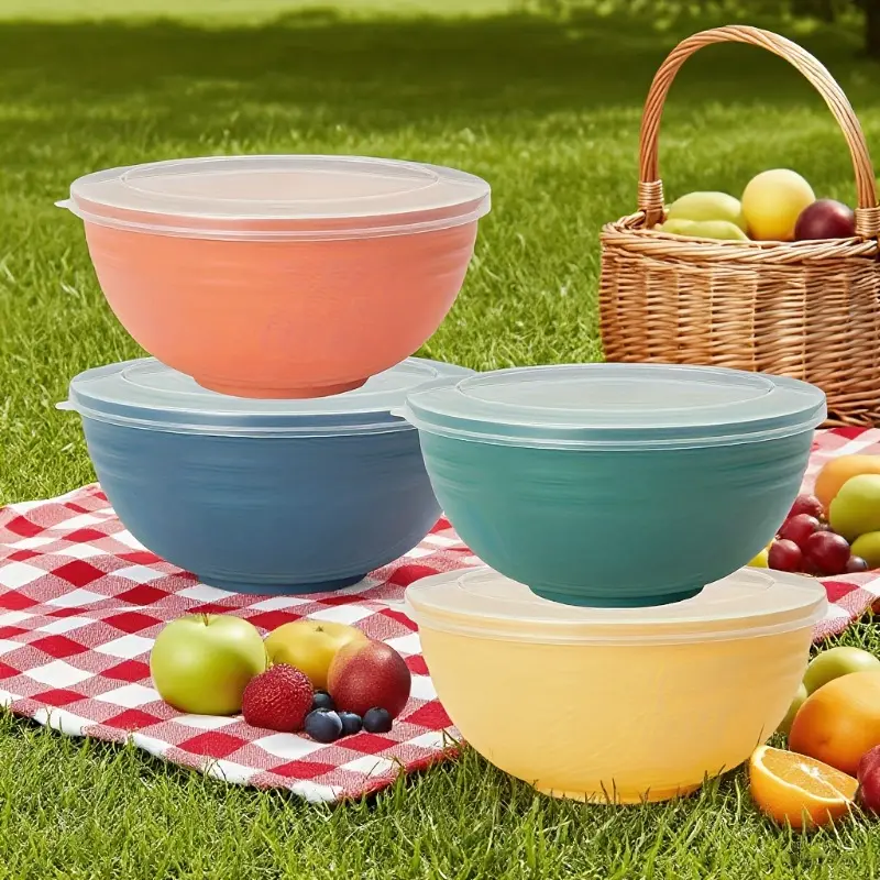 4 plastic bowls with lids - round microwave-safe bowls, dishwasher-safe, reusable for soup, oatmeal, ramen, camper, camping, university dorm kitchen essentials, Plastic Cereal Bowls