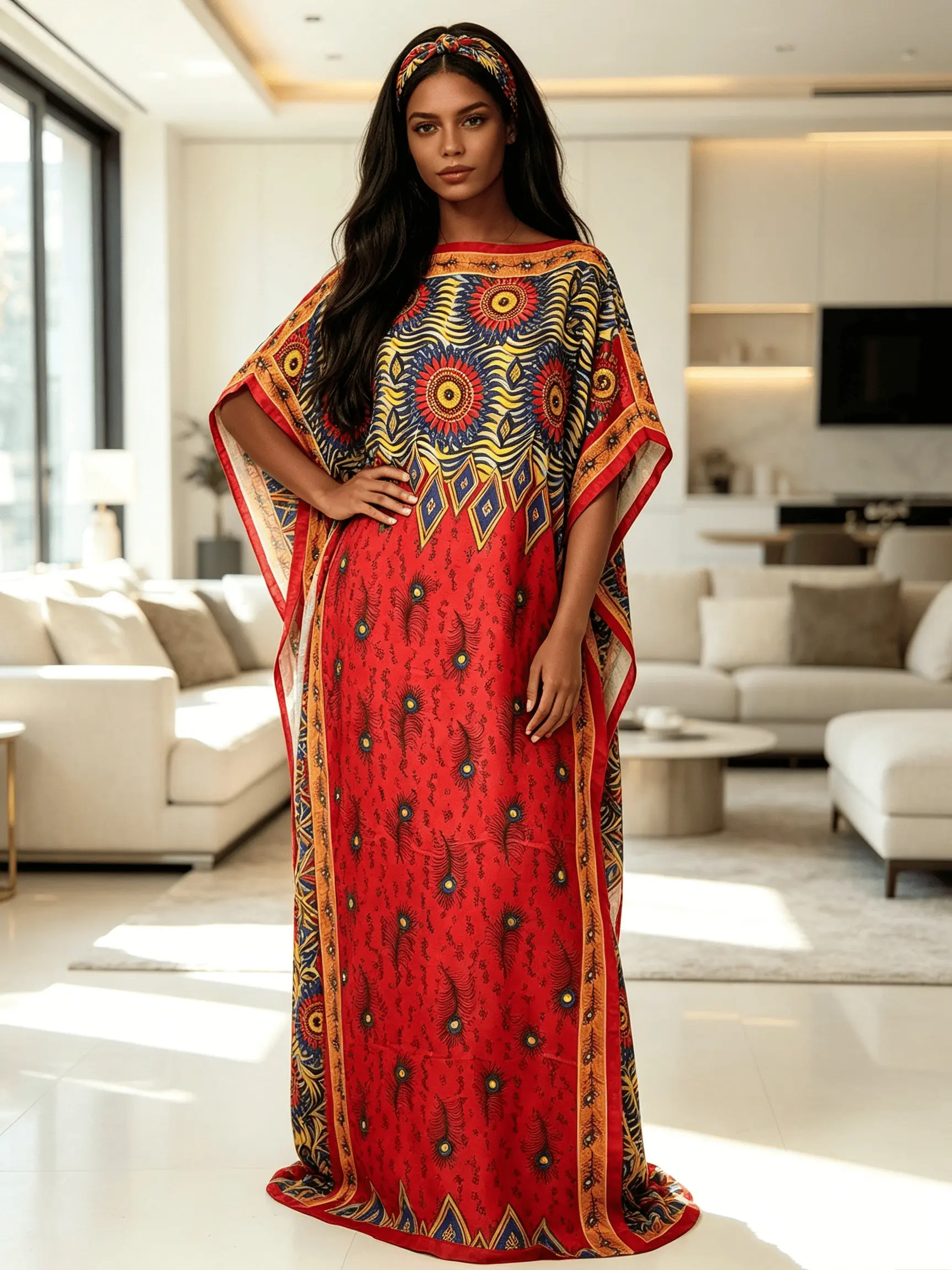 Women Oversized Red Tribal Geometric Print Silk Caftan Maxi Dress Two Piece Outfit With Scarf, Loose Flowy Kaftan Robe, Plus Size Beach Cover Up, Satin Resort Wear, Casual, Bohemian Lounge Gown, Summer Pool Robe, Casual Boho Chic, Boho Summer Holiday