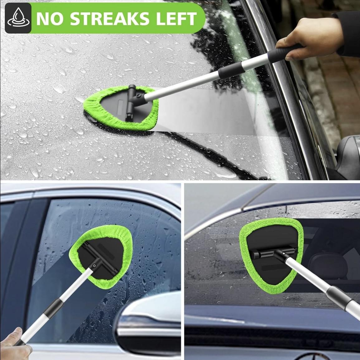 Windshield Cleaner Tool - Extendabie HandleAuto Glass Wiper Kit with 3 Reusable Washable Microfiber Pads,Perfect for Car Interior & Exterior,Cleans Dirty Windows Easily.