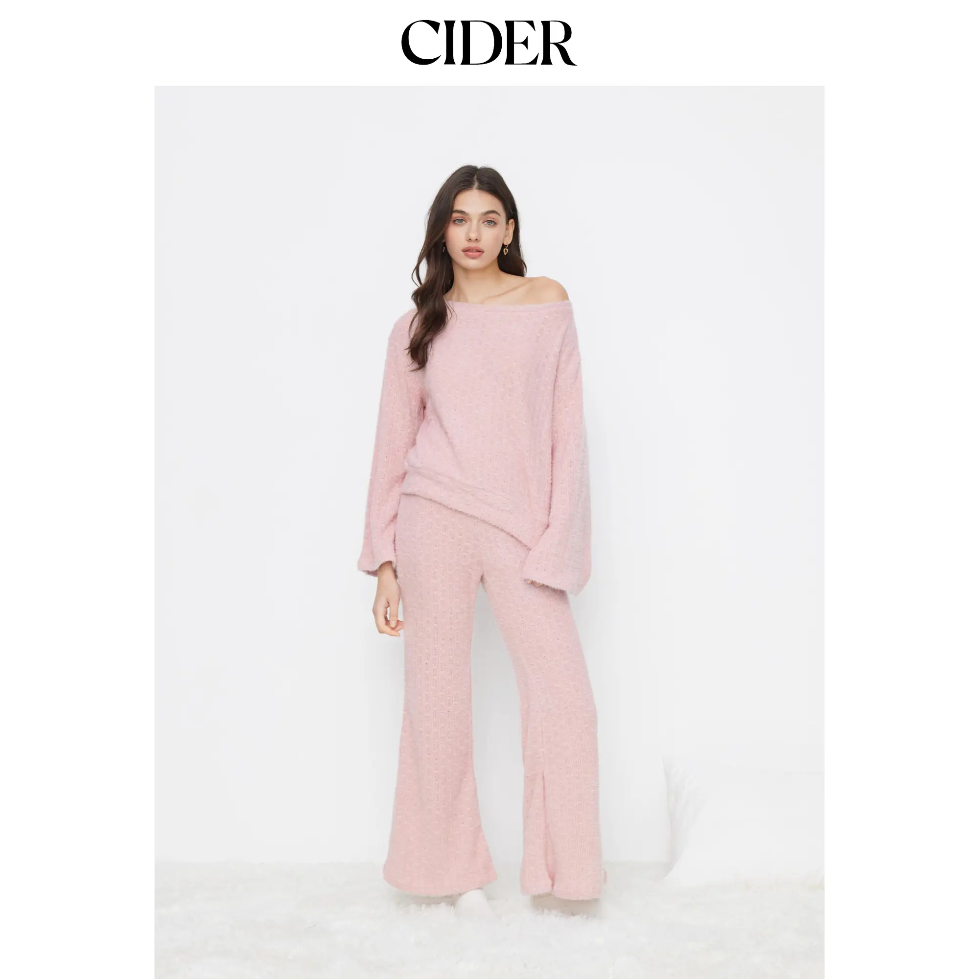 Cider Asymmetrical Neck Oversized Top & High Rise Flared Trousers Loungewear Set