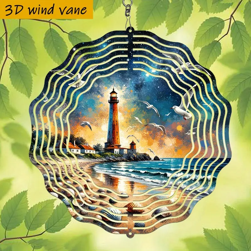 1 lighthouse with seagull wind chimes 360 Rotating Hook - 10inch Iron Starry Night Lighthouse, Seagull and Wave Fan, Suitable for Indoor/Outdoor Garden, Balcony, Wedding, Christmas, Easter Decoration - No Batteries/Electricity Required, DIY Hanging Orname