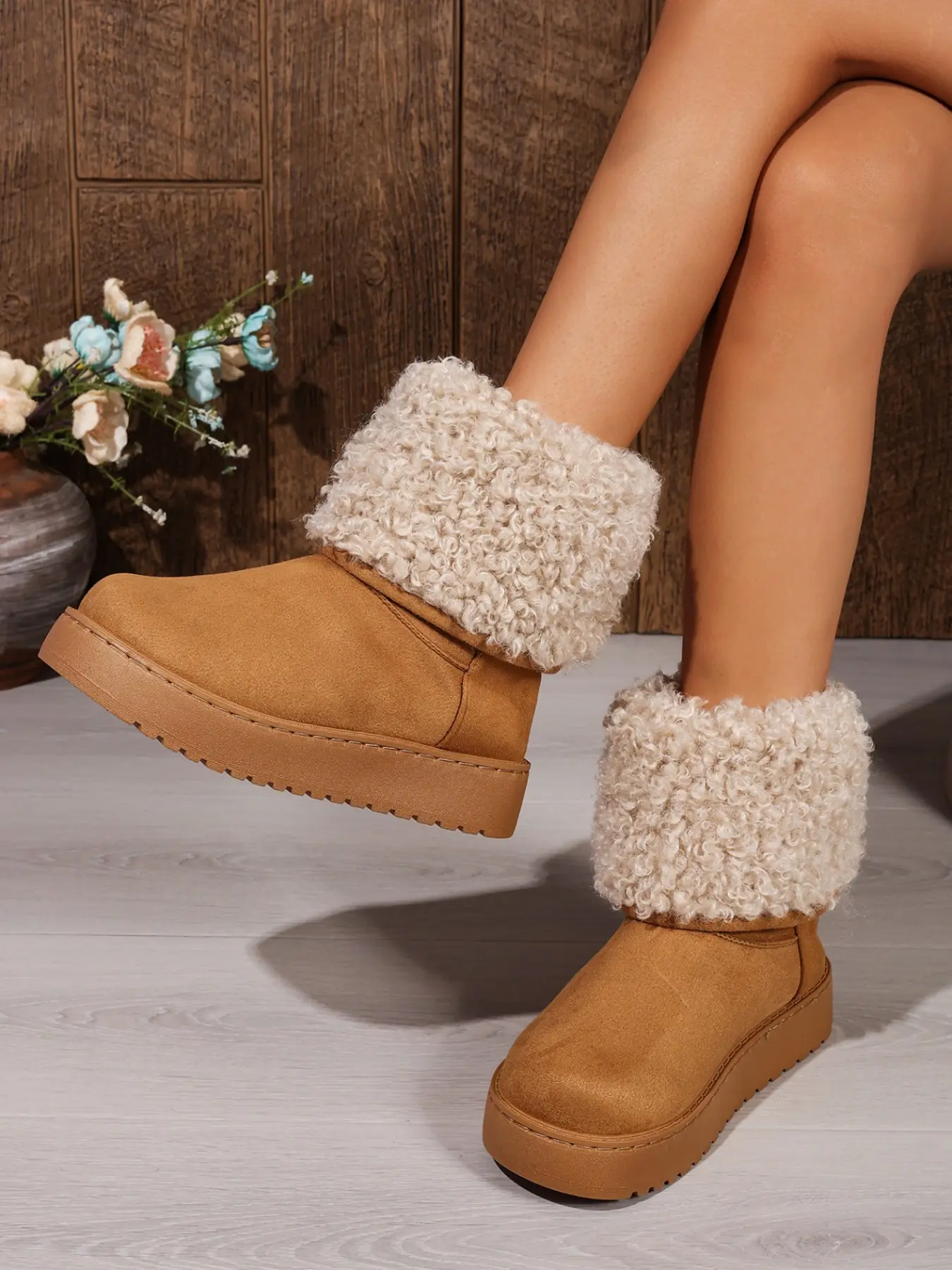 Women's New Plush Turned-Up Thick Sole Boots, Fluffy Lamb Fleece Boots, Simple Round Toe Warm Boots, Winter Commute, Outdoor Shopping, Rainy Weather, Casual Dates