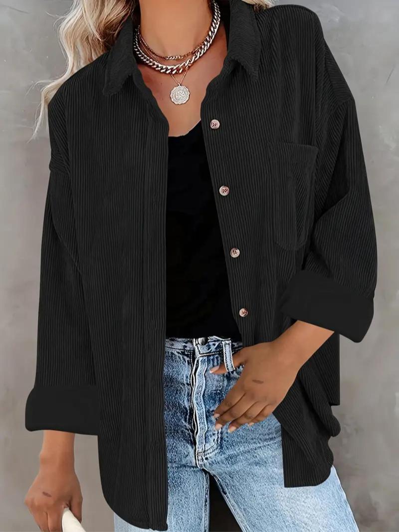 Women's Corduroy Shirt With Pocket, Drop Shoulder Style For Spring & Fall