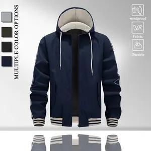 Men Hooded Baseball Windbreaker Jacket, Striped Rib Cuff Hem Zip Up Coat, Drawstring Hood Side White Line Splicing Windproof Outerwear with Side Pockets for Spring Fall Daily Street Sport Outfits, Multi Color Available