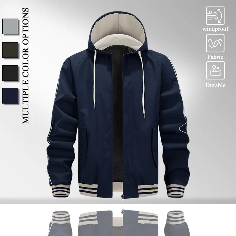 Men Hooded Baseball Windbreaker Jacket, Striped Rib Cuff Hem Zip Up Coat, Drawstring Hood Side White Line Splicing Windproof Outerwear with Side Pockets for Spring Fall Daily Street Sport Outfits, Multi Color Available