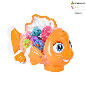 Cartoon Electric Light Transparent Gear Fish Toy Car, Omnidirectional Walking, Glowing Music Toy, Requires 3 Aa Batteries
