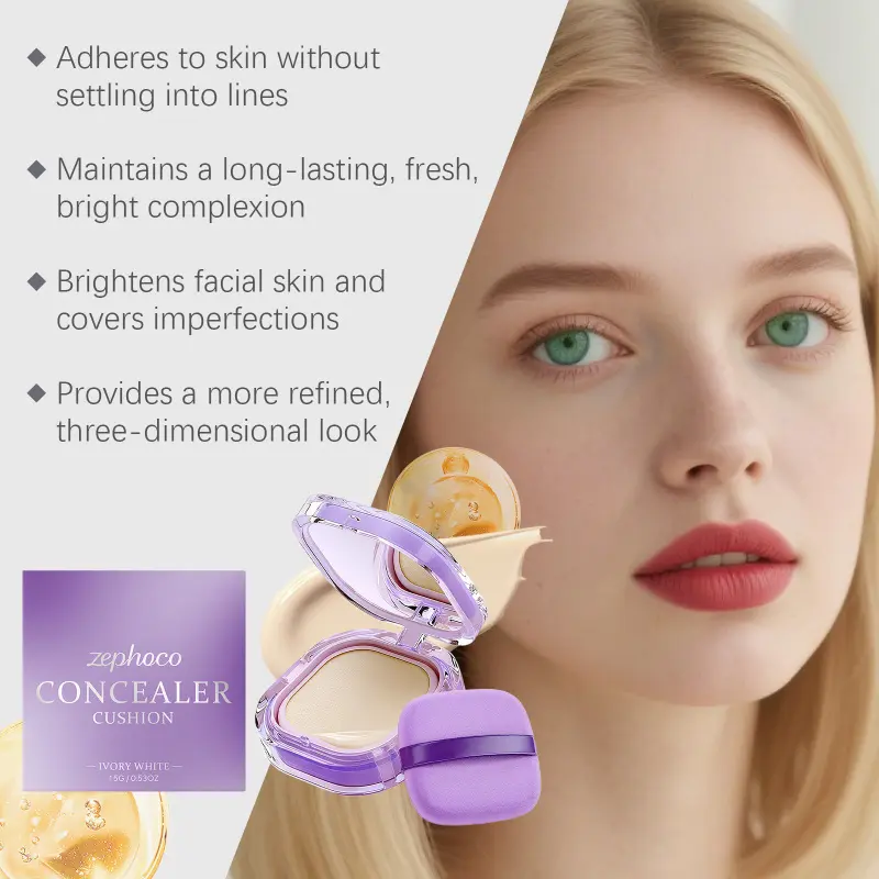 Zephoco Concealer Cushion Compact Cream, 3 Shades Ivory/Natural/Dark Skin Full Coverage Concealer, Hydrating Long Lasting Non-Creasing Foundation for All Skin Tone, Sensitive Skin Friendly Makeup 15g