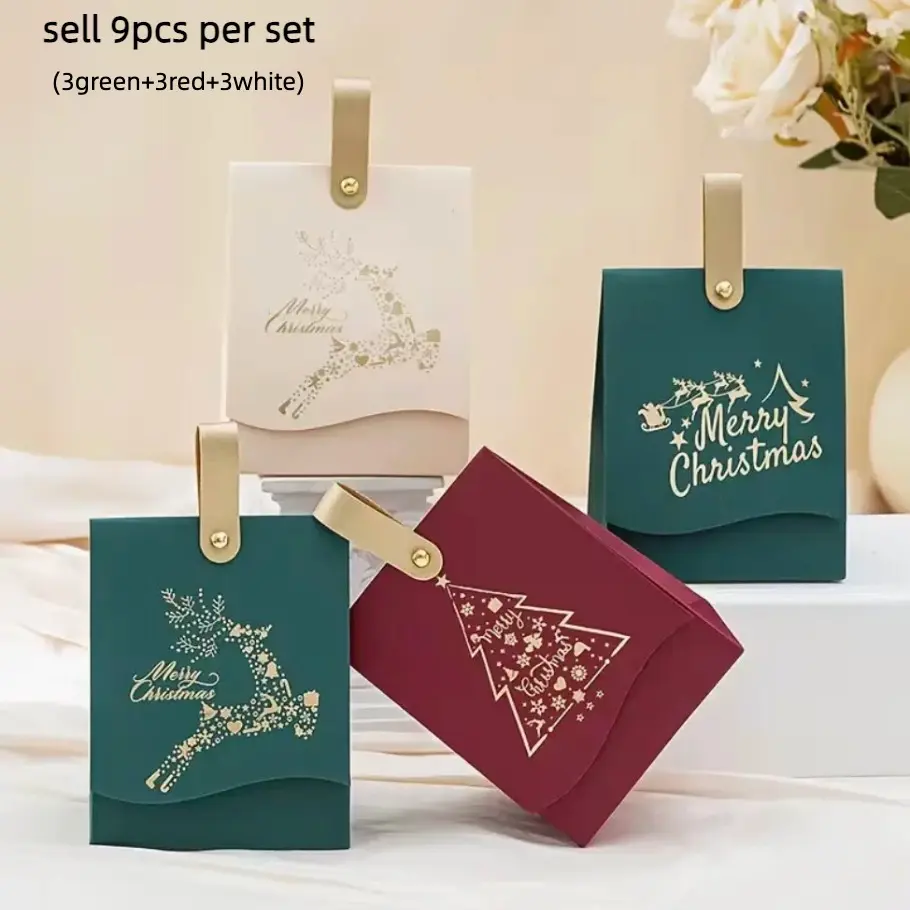 Gift for Her/Him Set of 9 Christmas Gift Boxes with Leather Handles - Festive Red, White, And Green Featuring 'Merry Christmas' And 'Reindeer' Designs, Perfect For, Candies, Chocolates，Christmas Gift Boxes