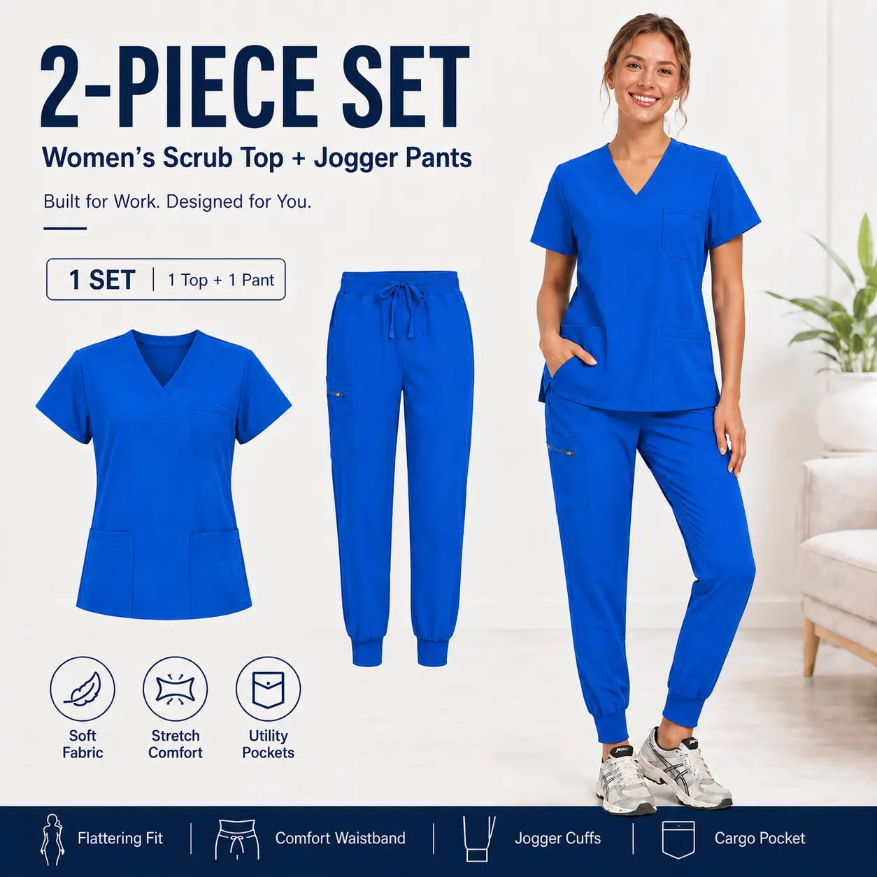 Women's 2-Piece Nurse Scrubs Set in Smooth Stretch Fabric - Tailored Fit V-Neck Top & Cargo Jogger Pants Workwear, Lady, Preppy, Uniforms, Drawstring, Matching, Short, Pockets, Breathable, Sleeve, Cargo Pants, Scrubs Sets For Women, Short Sleeve, Adjustab
