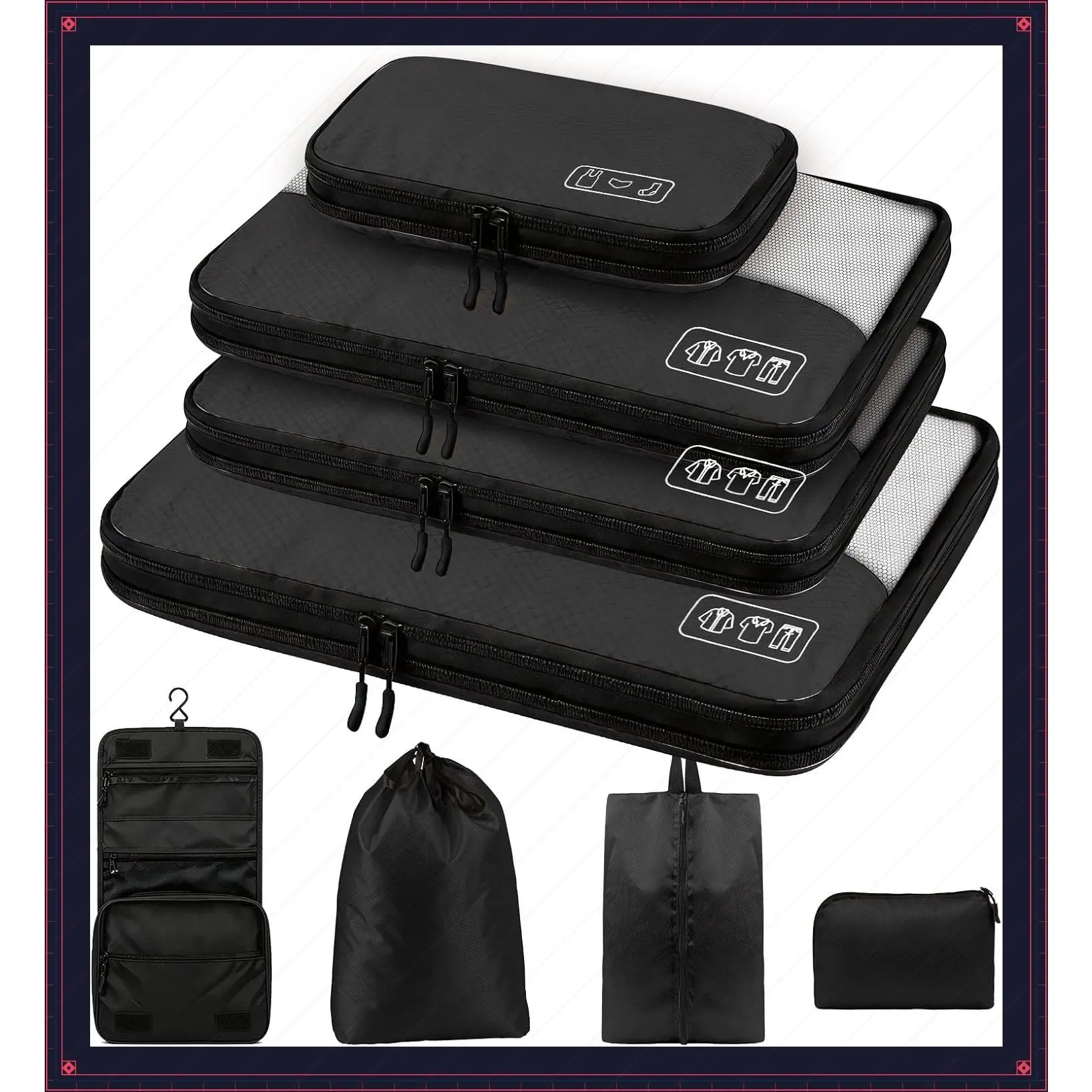 8-Piece Compression Packing Cubes for Travel, Ultralight Space-Saving Luggage Organizers for Carry-On & Suitcase, BlackGift