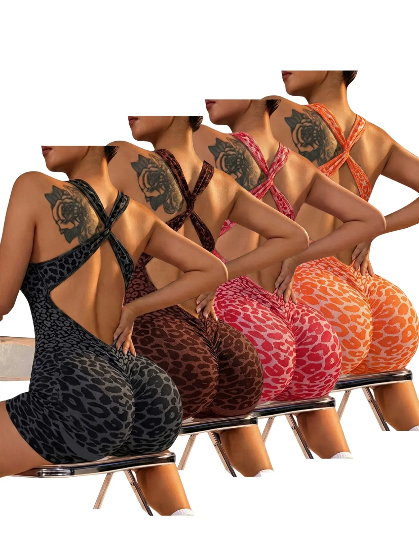 4-Pack Summer Sport Leopard Print Seamless Back Cross Strap High Waist Tummy Control Peach Butt Yoga Pants for Women, Outdoor Fitness Casual Wear, Fitness Clothing
