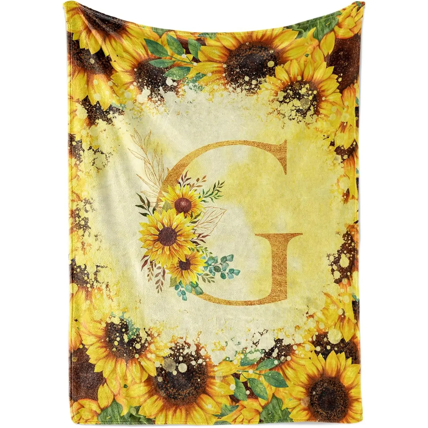 Custom Letter Sunflower Flannel Throw, Personalized Monogram Floral Soft Warm Blanket, Cozy Farmhouse Gift for Her Mom Wife, Couch Sofa Bed Home Decor, AC Summer Nap Blanket, Birthday Housewarming Christmas Gift for Women