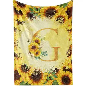 Custom Letter Sunflower Flannel Throw, Personalized Monogram Floral Soft Warm Blanket, Cozy Farmhouse Gift for Her Mom Wife, Couch Sofa Bed Home Decor, AC Summer Nap Blanket, Birthday Housewarming Christmas Gift for Women