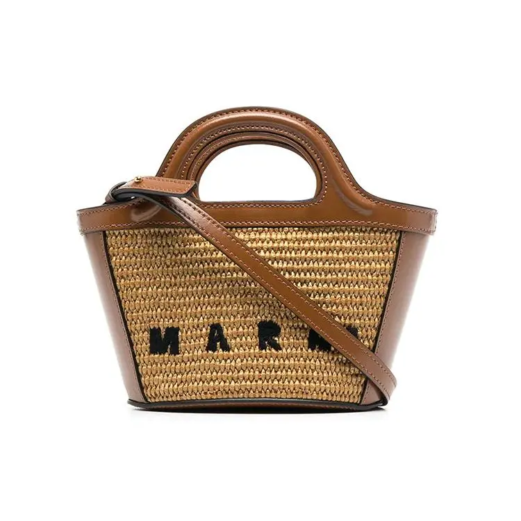Marni Tropicalia Detachable Strap Woven Embroidered Logo Leather Bucket Bag for Women, Casual Vacation Style, Brown
