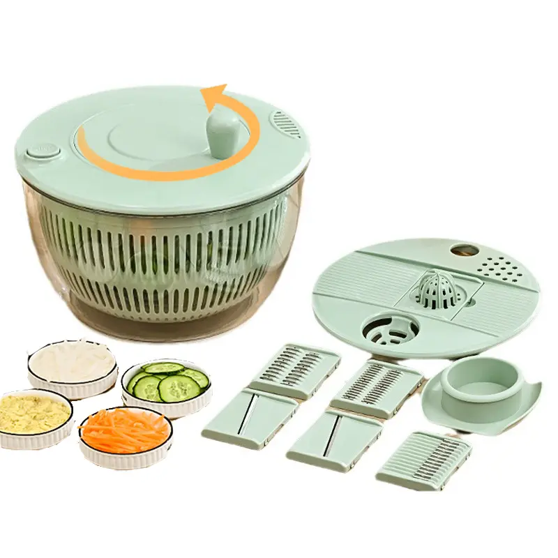Multi Function Vegetable Chopper & Salad Spinner, Large Capacity Veggie Dryer Drain Basket With 6 Interchangeable Blades, Kitchen Salad Maker For Fruit Vegetable