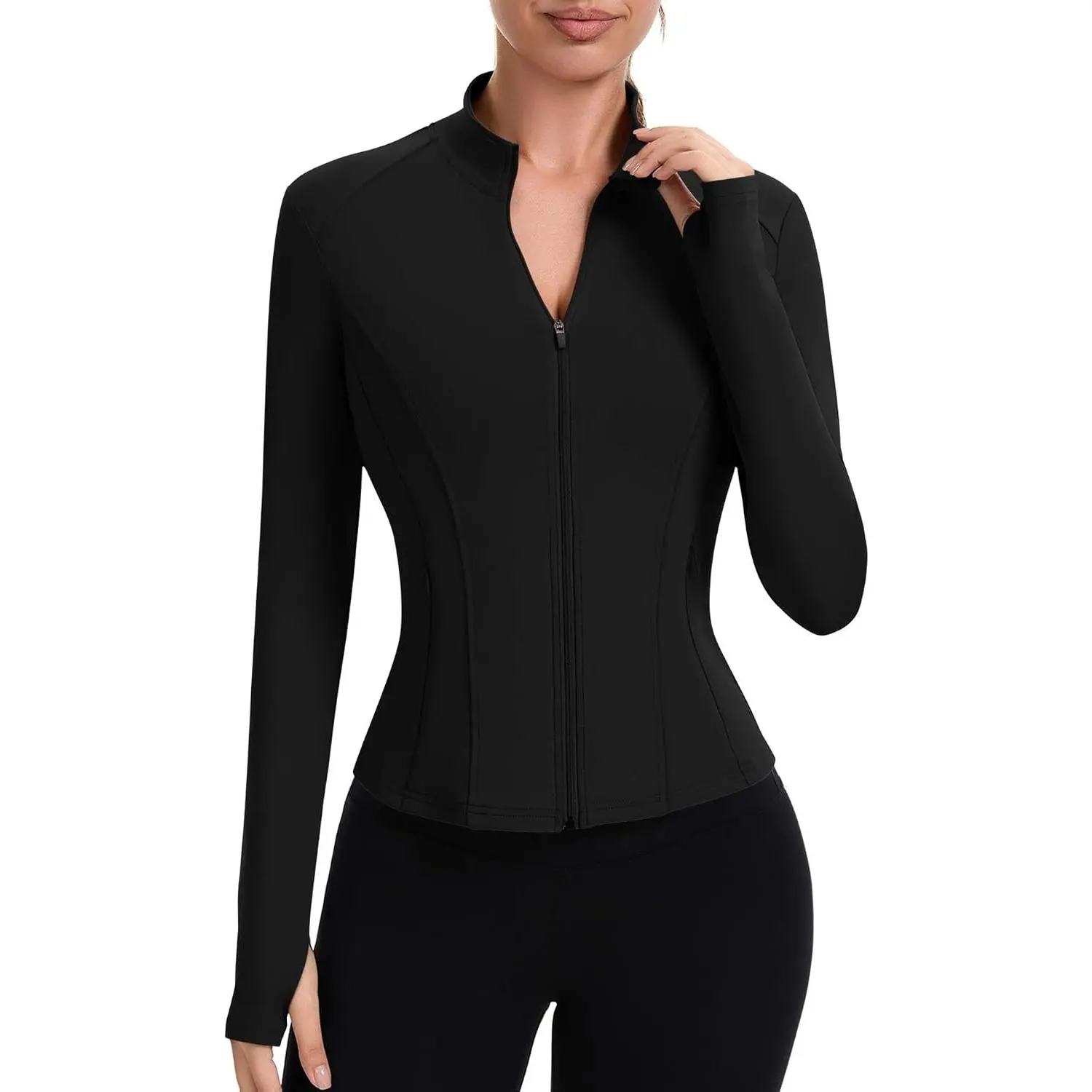 Women's Zip-Up Cropped Athletic Jacket - Slim Cut, Mid-Length Sleeves, Thumbholes, Pockets, Lightweight, Comfy Fall Women's Gym Wear for Gym, Hiking