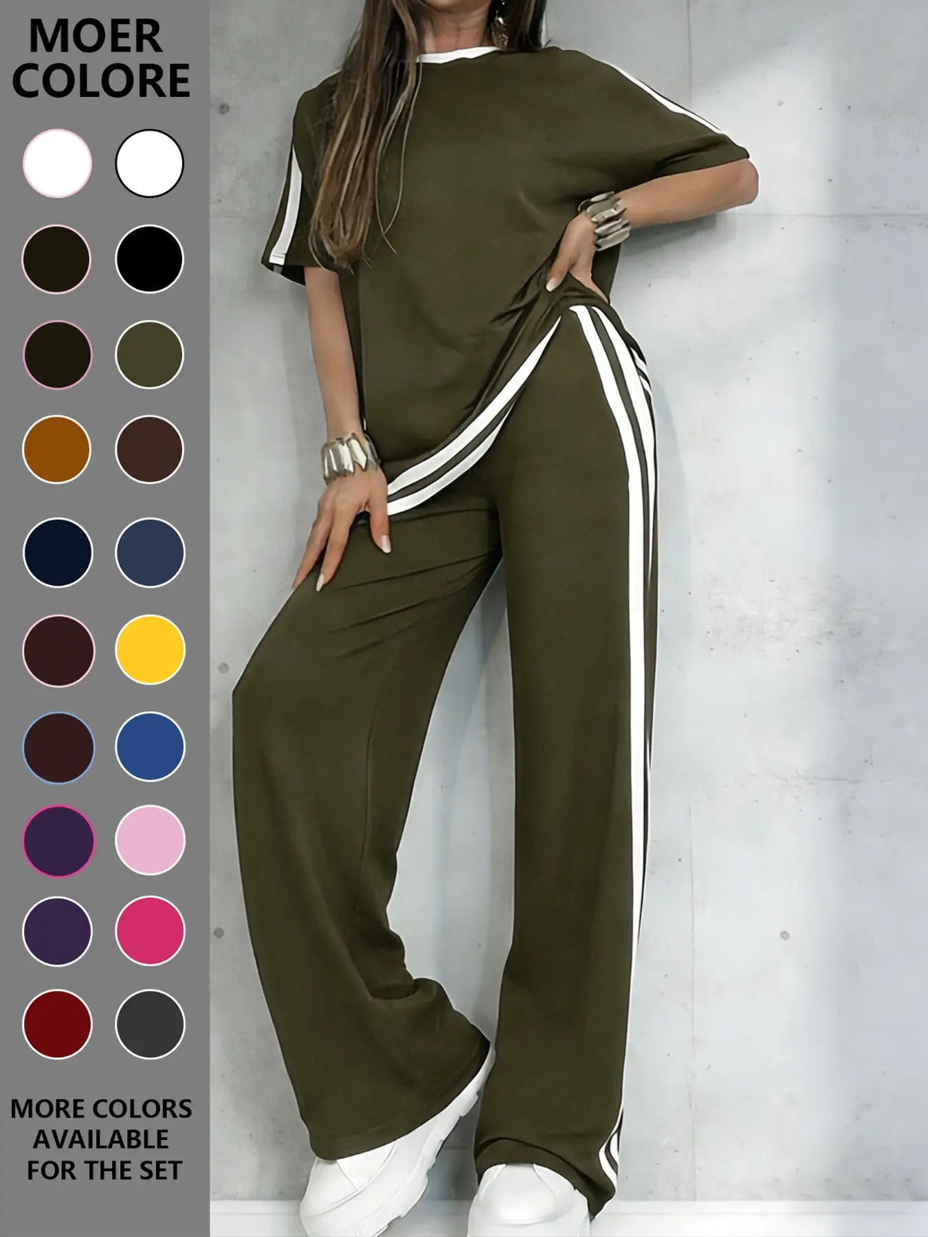 Women's Casual Sportswear Set, Solid Sports Sets, Pure Color Round Neck Short Sleeve T-Shirt, Split Hem Top, Striped Long Pants, Spring Summer Two-Piece, Athleisure Outfits