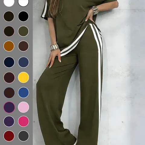 Women's Casual Athletic Sportswear Set, Solid Sports Sets, Pure Color Round Neck Short Sleeve T-Shirt, Split Hem Top, Striped Long Pants, Spring Summer Two-Piece, Athleisure Outfits