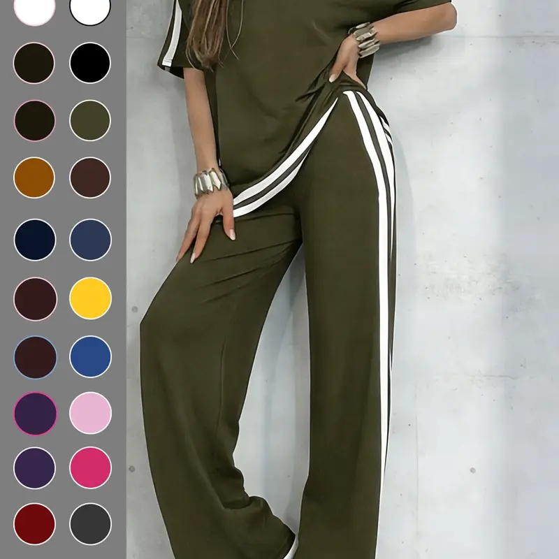 【Black Friday】Women's 2-Piece Athleisure Set, Short-Sleeve Crewneck Split-Hem T-Shirt and Striped Pants, Casual Spring/Summer Outfit